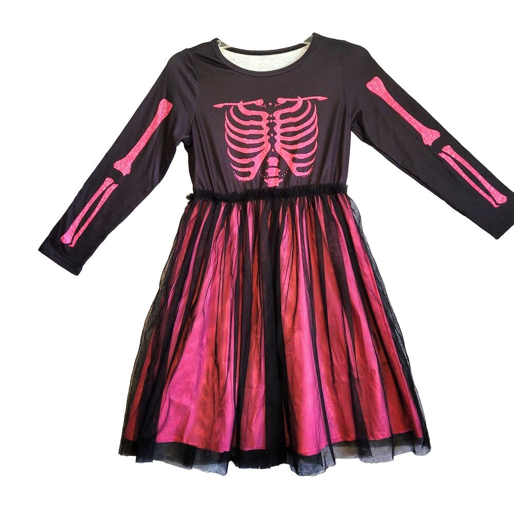 Mezzela Halloween Dress size 12 Pink Black Skeleton Graphic Tulle Skirt Goth